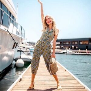 Modcloth Retro Genuine Genius Mustard Floral Halter Wide Leg Jumpsuit- Medium